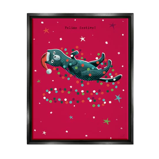 Stupell Industries Feline Festive Christmas Cat Black Framed Floater Canvas Wall Art